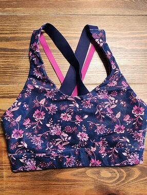 Old Navy Navy Floral Crisscross Sports Bra with Pink Accents